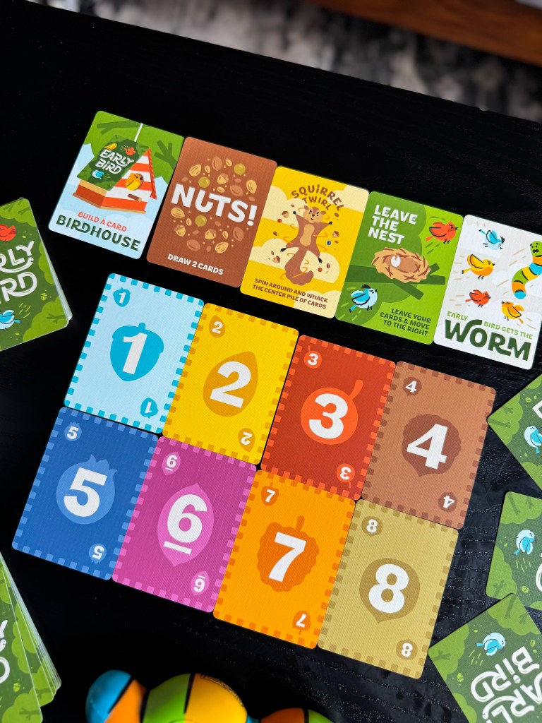 Colorful numbered Early Bird game cards arranged from one through eight
