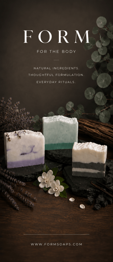 FORM handmade shea butter soap collection featuring STILL lavender jasmine, NORTH cedarwood mint eucalyptus and VEIL coconut vanilla.