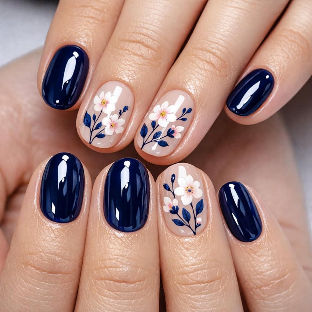 Navy blue floral short nails with glossy dark blue polish and delicate white flower accent nail art.