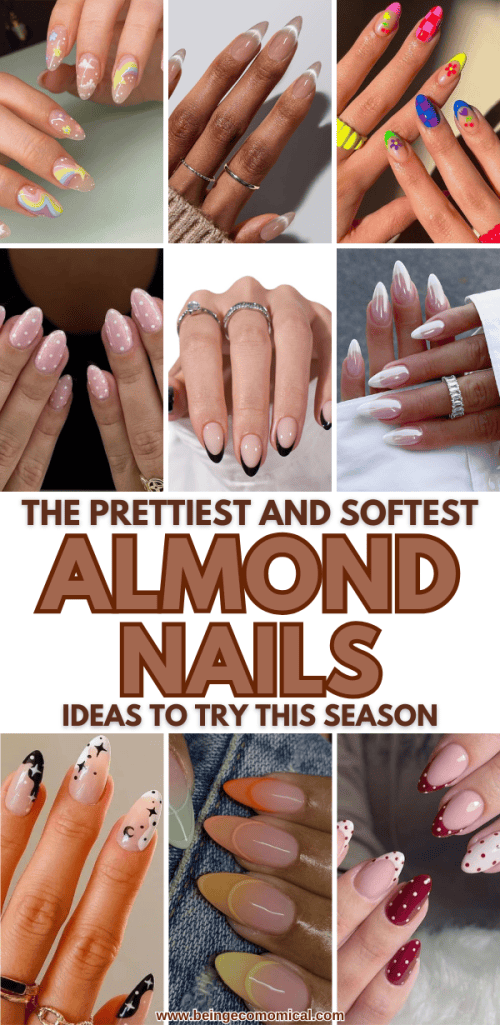 A collage of various almond-shaped nail designs showcasing colorful patterns, stylish nail art, and elegant ring accents, with the title 'The Prettiest and Softest Almond Nails Ideas to Try This Season' prominently featured.