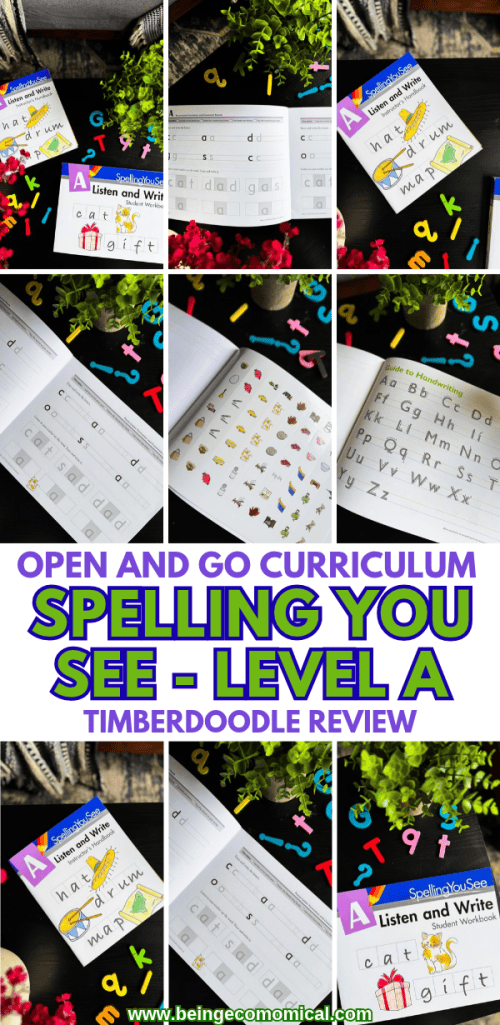 Spelling You See Level A review Pinterest graphic showing kindergarten handwriting worksheets, picture stickers, and beginner spelling lessons.