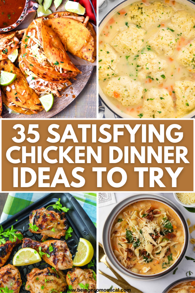 A collage of four enticing chicken dinner dishes, including chicken tacos with lime, chicken and dumplings in broth, grilled chicken thighs with fresh herbs, and a creamy chicken noodle soup topped with cheese.