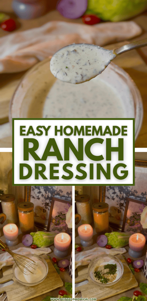 A close-up view of a spoonful of homemade ranch dressing in a bowl, with ingredients and candles in the background.