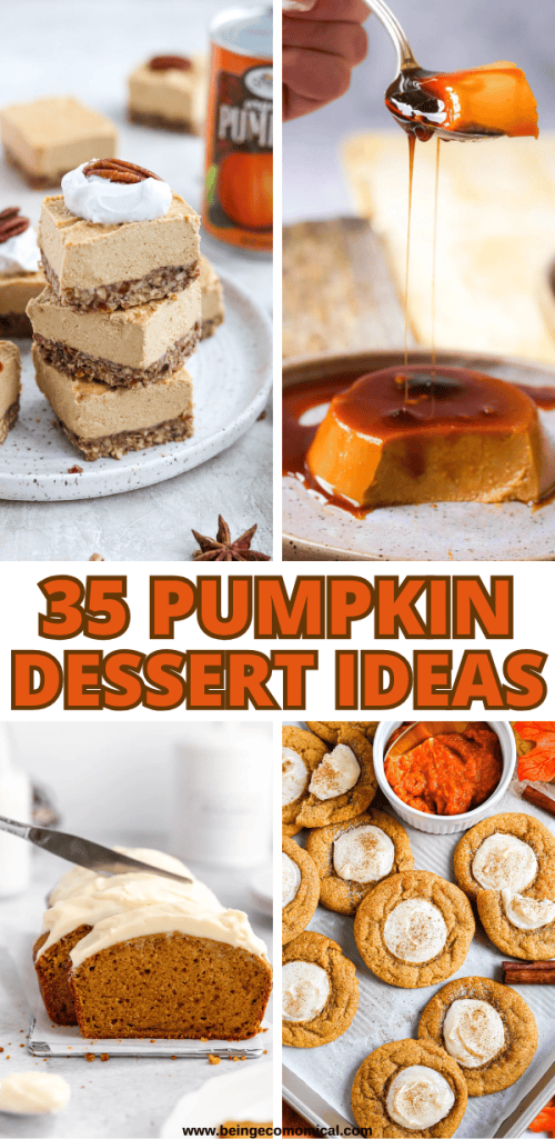 A collage featuring four delicious pumpkin desserts: layered pumpkin bars with nuts, a creamy pumpkin flan drizzled with caramel, a loaf of pumpkin bread with cream cheese frosting, and a plate of pumpkin cookies sprinkled with cinnamon.