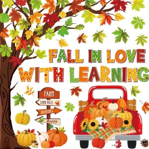 A colorful autumn scene featuring a red truck filled with pumpkins and gourds, surrounded by falling leaves. The text 'FALL IN LOVE WITH LEARNING' is prominently displayed, along with directional signs for 'FARM,' 'CORN MAZE,' and 'HAPPY.'