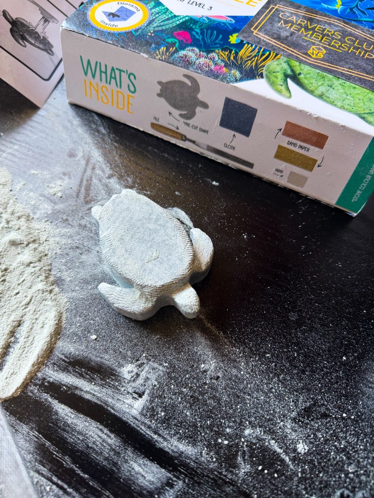 A small, white sculpting piece shaped like a turtle, surrounded by white powder on a dark wooden surface, with a colorful box featuring underwater designs in the background.