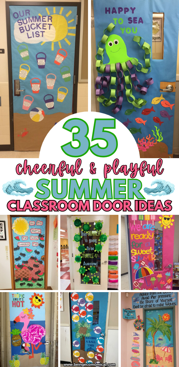 35 summer classroom door ideas that are fun and playful Collage of eight colorful summer-themed classroom doors with decorations including buckets, an octopus, ants, turtles, ice cream, a flamingo, a sunflower, and a tropical beach scene, all featuring playful summer messages