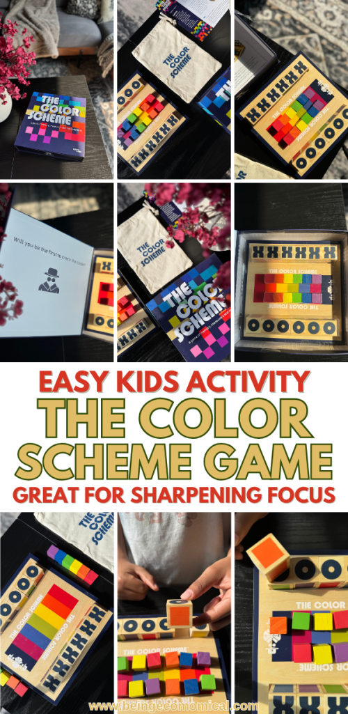 A colorful board game titled 'The Color Scheme' is displayed with wooden blocks and game pieces laid out, highlighting its vibrant design.