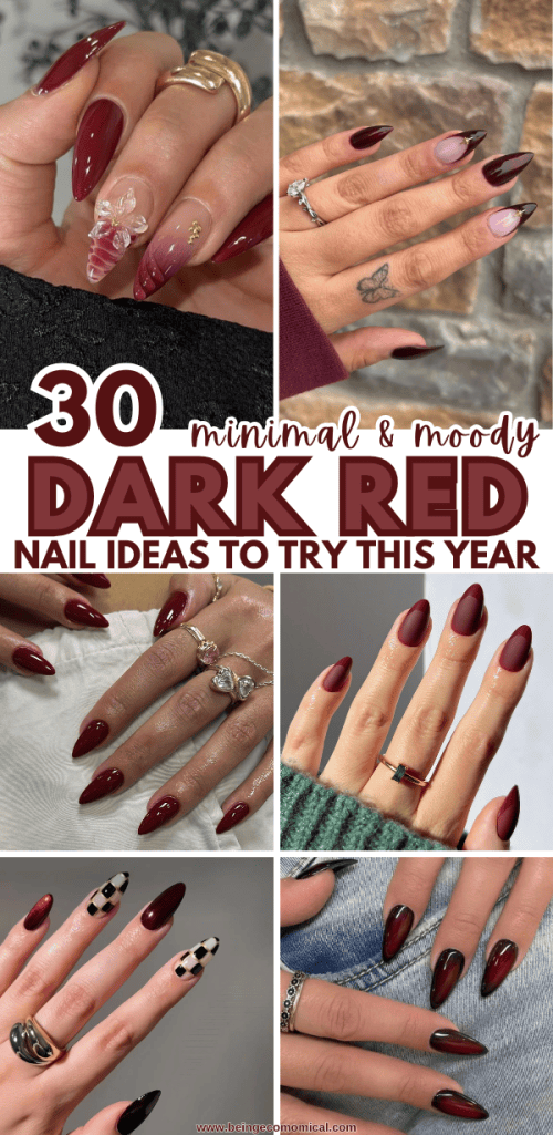 Collage of six hands displaying various dark red nail designs, including minimal and moody styles with unique nail art.