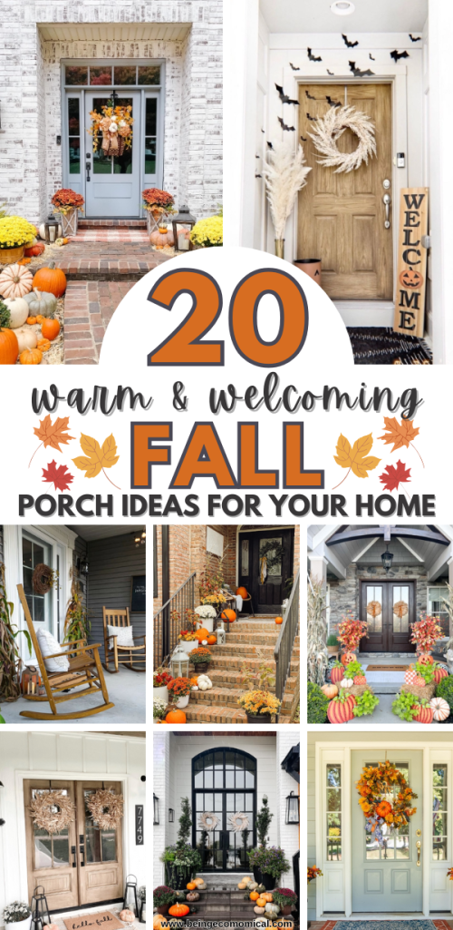 A collage of cozy fall porches showcasing various seasonal decorations, including pumpkins, wreaths, and autumn foliage.