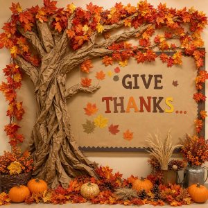 Decorative wall display with a paper tree and colorful autumn leaves, featuring the text 'GIVE THANKS...' surrounded by pumpkins and festive decorations.