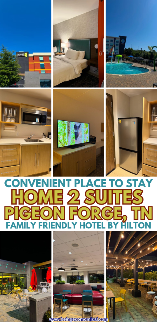 Pinterest pin showing a spacious Home2 Suites Pigeon Forge guest room with two beds, kitchenette, refrigerator and bathroom, highlighting family-friendly amenities for a Pigeon Forge vacation.