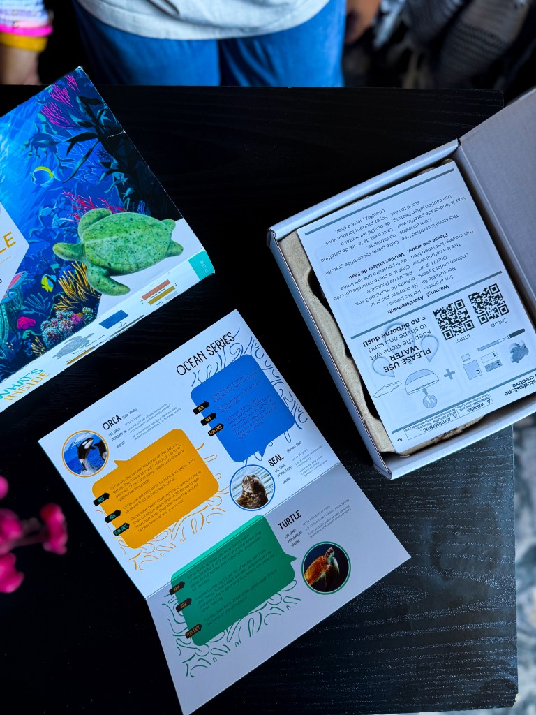 An open box containing a colorful brochure about ocean animals, featuring sections on orcas, seals, and turtles, displayed on a dark wooden table.