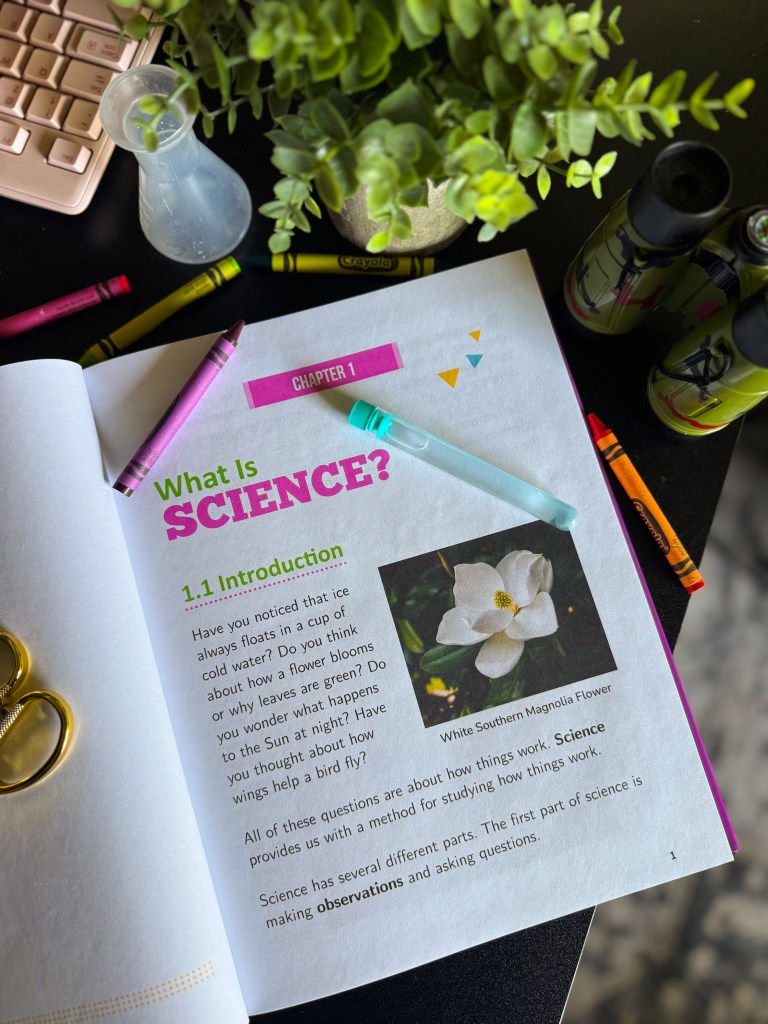 Open Real Science-4-Kids Book 1 showing colorful elementary science lessons