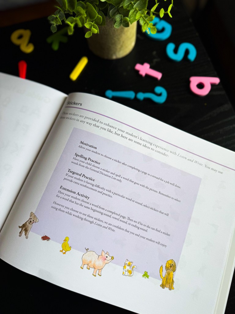 Spelling You See Level A instructor's handbook explaining how to use picture stickers for motivation, spelling practice, and learning activities.