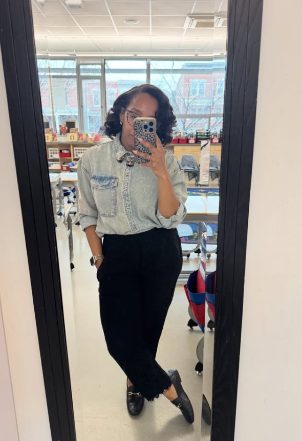 teacher work outfit with denim button down and black pants