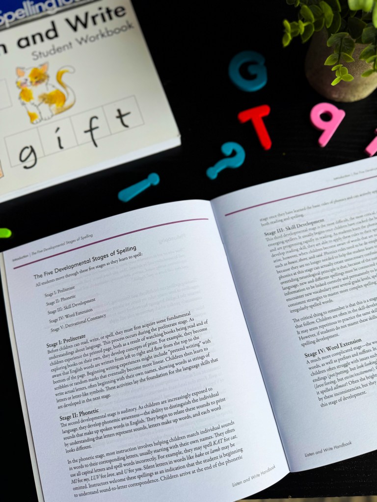Inside the Spelling You See instructor's handbook explaining the five developmental stages of spelling for young learners.