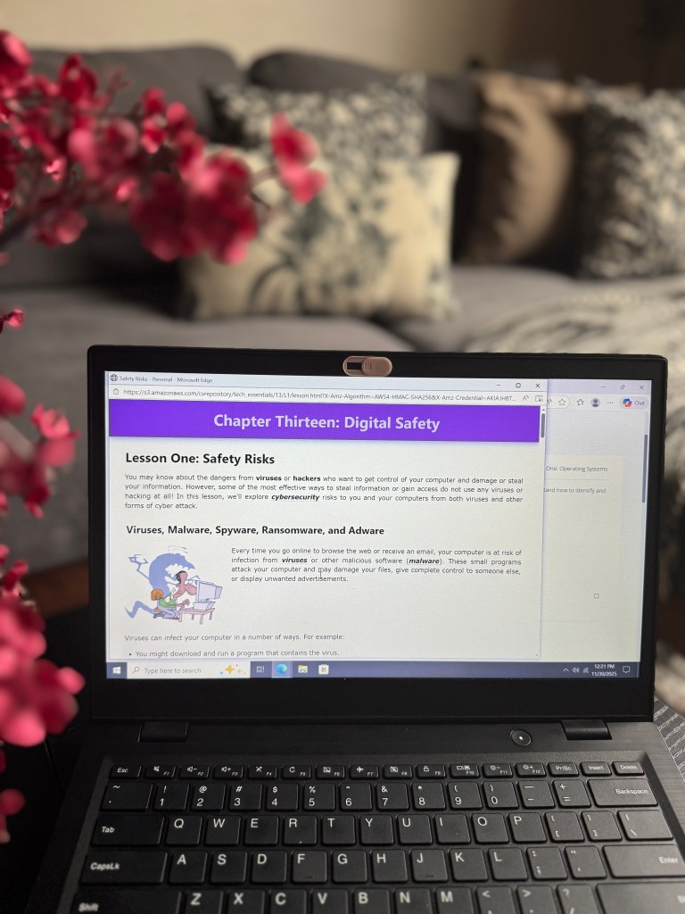 A laptop showing a digital safety lesson titled 'Chapter Thirteen: Digital Safety' with sections about safety risks such as viruses and malware. A flower arrangement is visible in the foreground, and a comfortable couch is in the background.