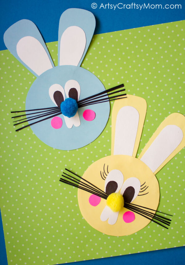 easy paper easter bunny craft for kids with pom pom nose and whiskers