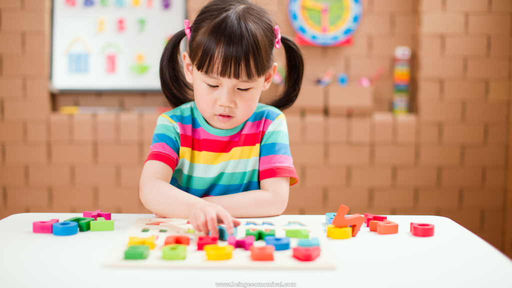 Preschool child using a colorful letter puzzle for early literacy and homeschool preschool learning.