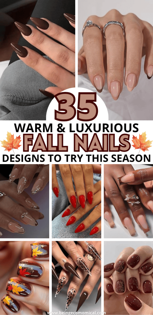 Collage of various fall nail designs featuring warm colors, autumn themes, and unique nail art styles, including brown, red, and gold accents.
