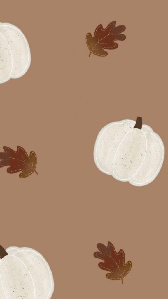 A whimsical fall-themed wallpaper featuring white pumpkins and brown leaves on a warm brown background.