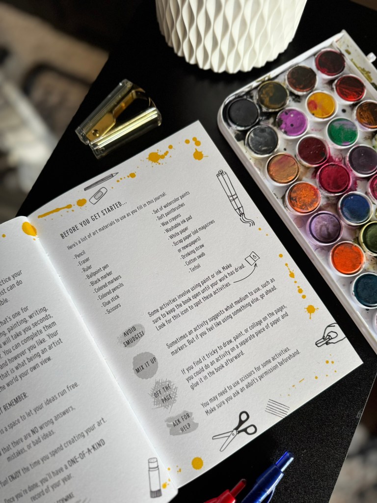 Open art book page with list of materials needed for creative activities, featuring watercolor paints and instructional notes.