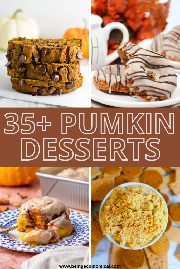 A collage of four delicious pumpkin desserts including pumpkin bread with chocolate chips, glazed pumpkin cookies, a cinnamon roll, and a bowl of pumpkin fluff dip. The image features autumn colors with small pumpkins in the background.