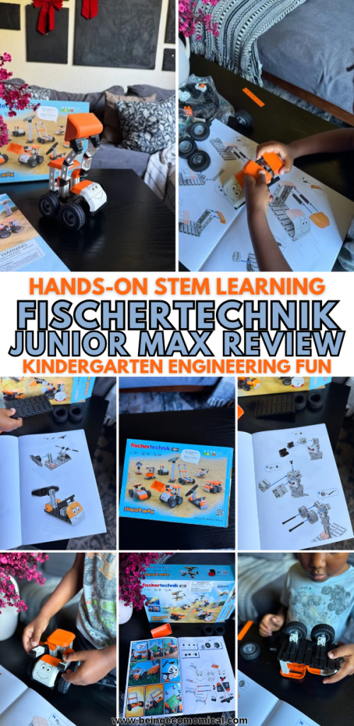 Fischertechnik Junior Max kindergarten STEM kit review featuring a collage of hands-on building activities, a child assembling construction vehicle pieces, illustrated instructions, and a completed toy front loader from the Timberdoodle Kindergarten Curriculum Kit.