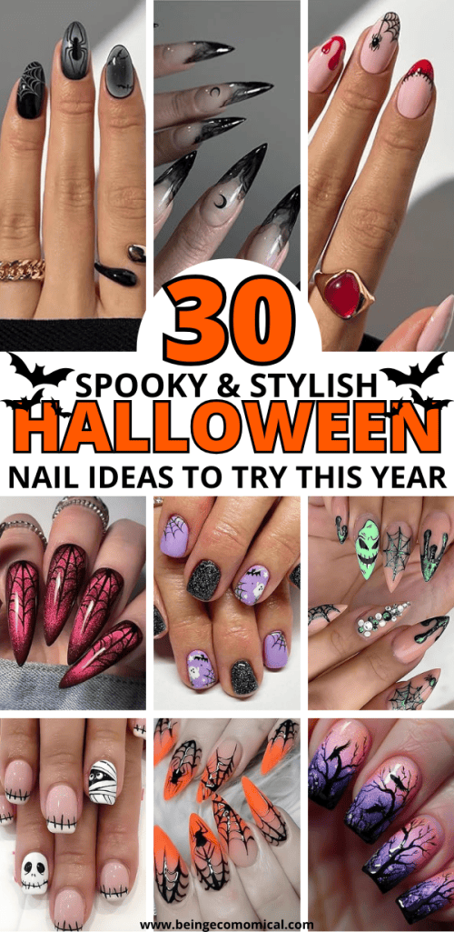 Collage of various Halloween-themed nail designs, featuring black ombre styles, spider webs, and cute spooky elements.