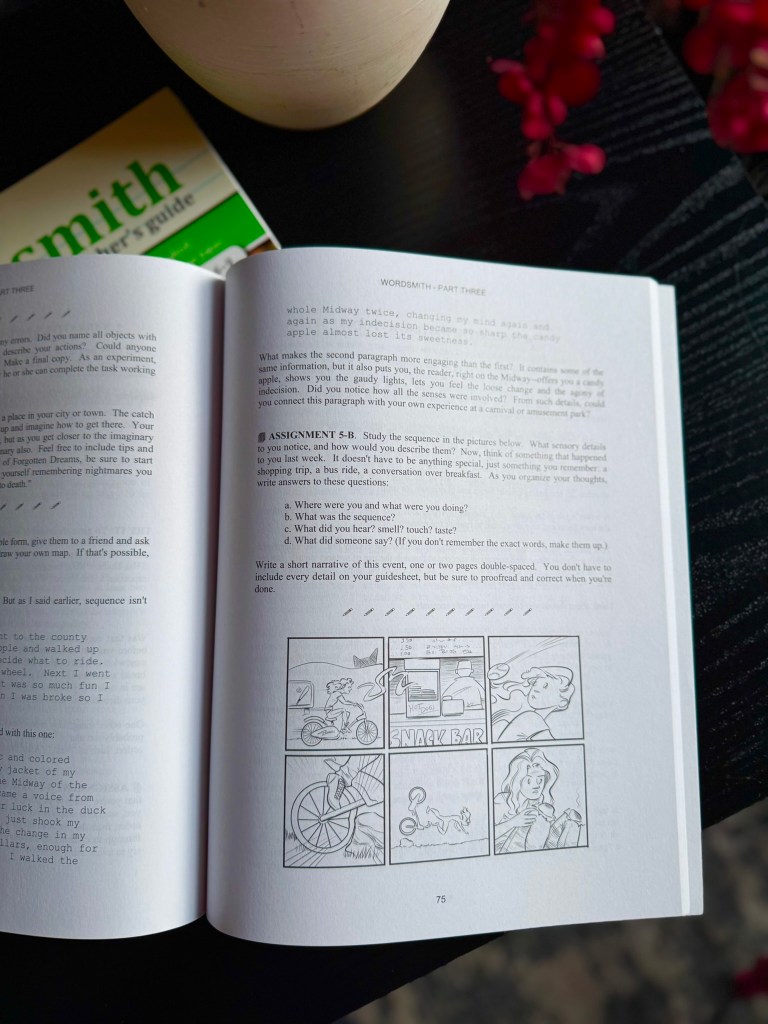 Open book page with text and illustrations, featuring a worksheet titled 'WORDSMITH - PART THREE' and an assignment about sensory details in a sequence of pictures.