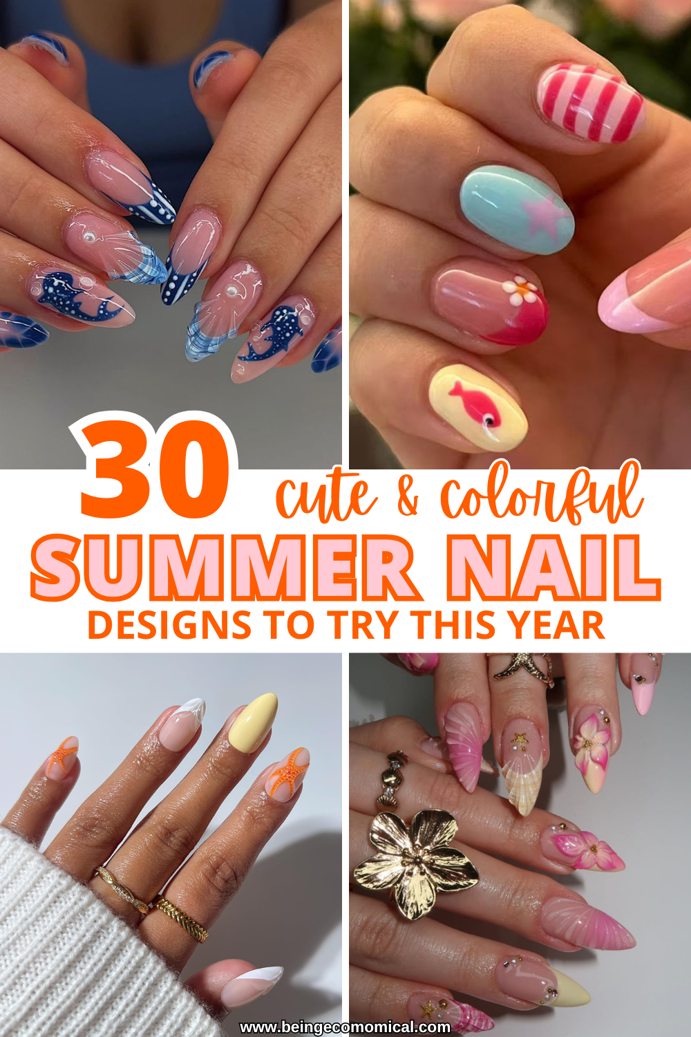 Four close-up photos of hands showing colorful summer-themed nail designs with ocean, floral, and fun patterns