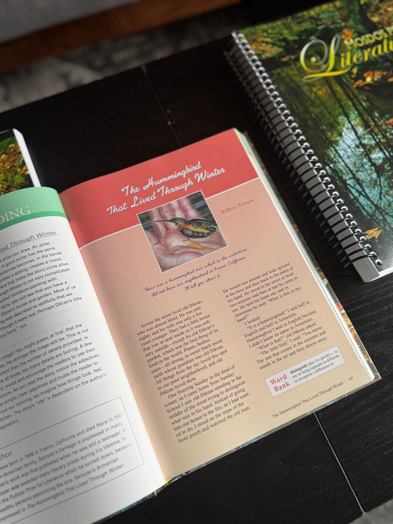Open book page featuring the story 'The Hummingbird That Lived Through Winter' with illustrations and text.