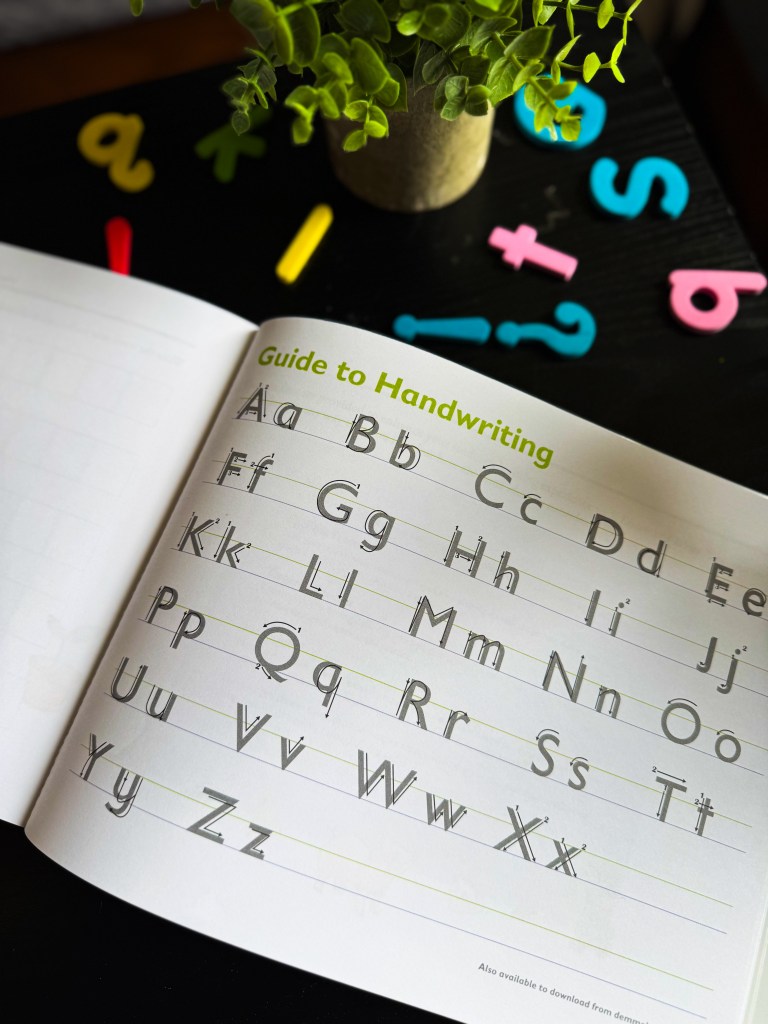 Spelling You See Level A handwriting guide showing uppercase and lowercase alphabet letters with proper letter formation instructions.