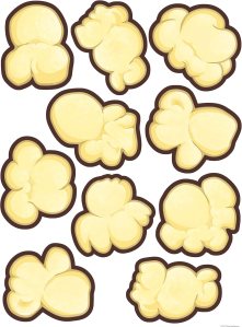 Popcorn classroom door decoration kit with yellow paper cutouts and bulletin board letters for end of year display