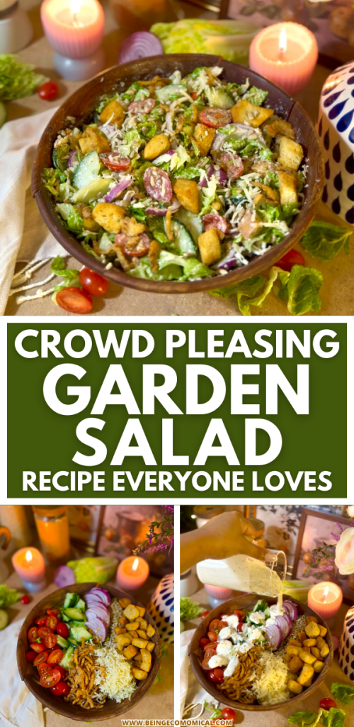 A colorful garden salad in a wooden bowl featuring mixed greens, cherry tomatoes, cucumbers, red onions, and croutons, set on a table surrounded by candles and fresh produce.