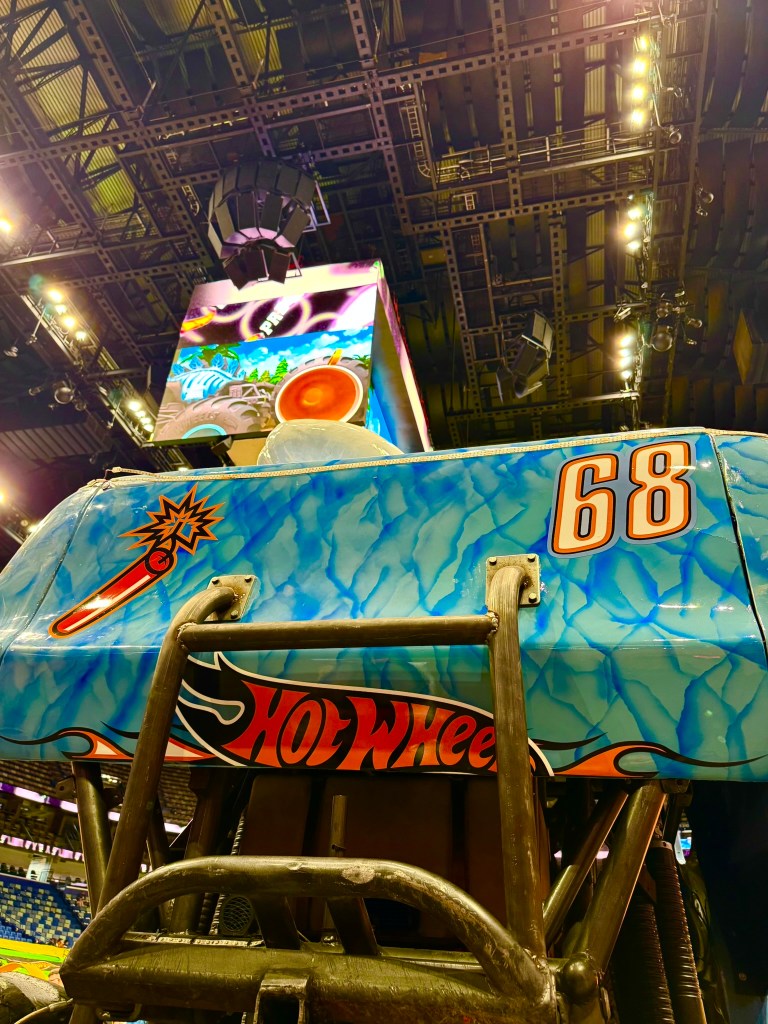 Rhinomite monster truck displayed on the arena floor during the Hot Wheels Monster Trucks Live preshow.