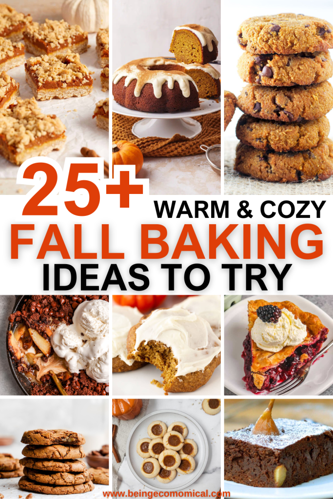 A collage of various fall desserts including pumpkin bars, bundt cakes, cookies, and fruit pies, showcasing warm and cozy baking ideas for the fall season.