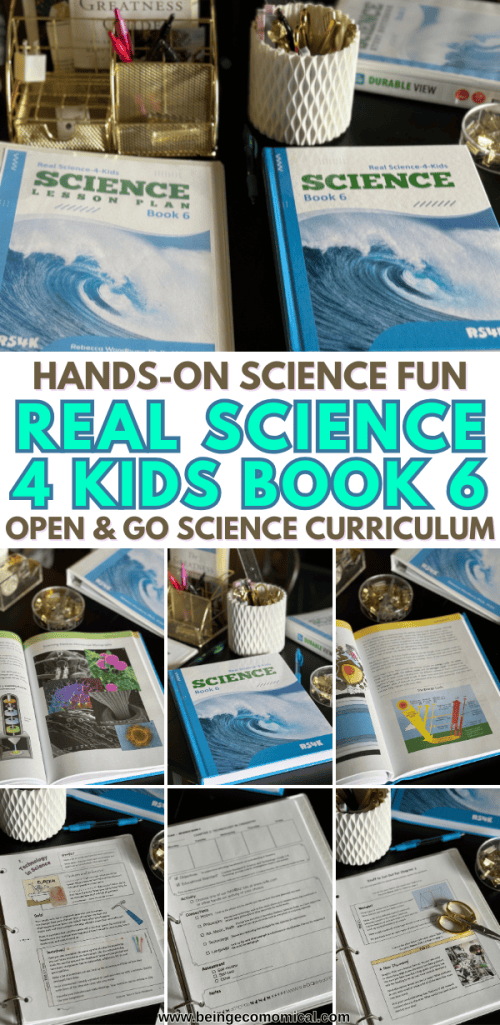 An arrangement of open and closed books from 'Real Science 4 Kids Book 6' featuring lesson plans, student activities, and colorful diagrams related to science.