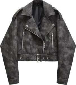 A cropped black leather jacket with shiny zippers and a belted waist, showcasing a trendy and edgy design.