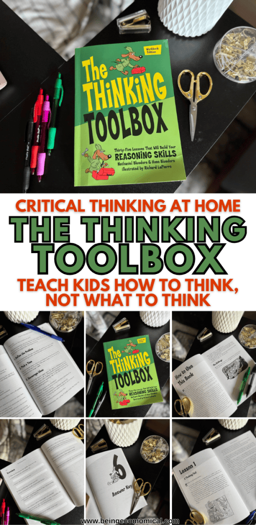 A wooden table with a copy of 'The Thinking Toolbox' book, colorful pens, and a notebook displayed, summarizing critical thinking and educational resources for children.