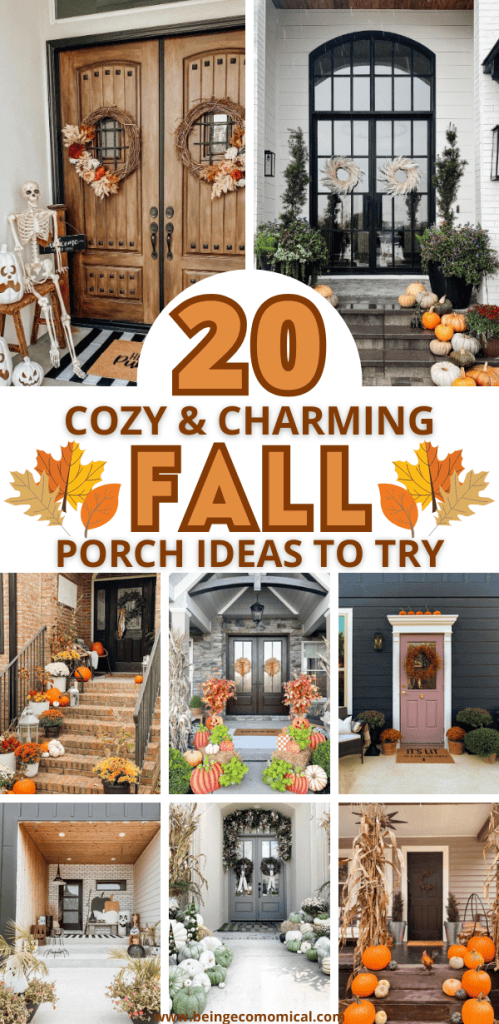 A collage of cozy fall porch decor ideas, featuring warm autumn colors, pumpkins, and decorative wreaths, highlighting various styles from rustic to modern.