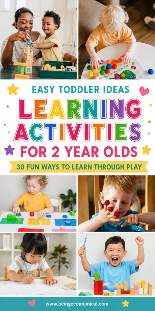 Pinterest graphic showing learning activities for 2 year olds with toddlers doing color sorting, reading, building blocks, drawing, play dough, and puzzles.