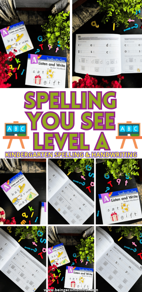 Pinterest graphic featuring Spelling You See Level A kindergarten homeschool curriculum with student workbook, instructor handbook, and spelling practice worksheets.