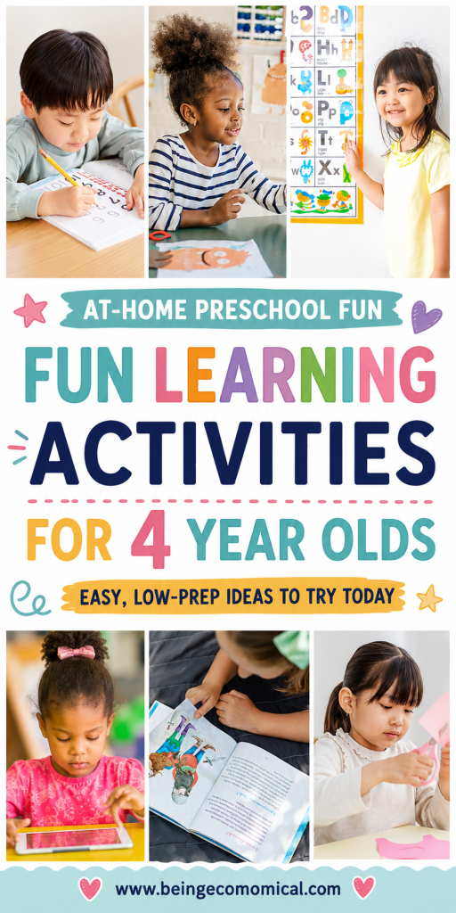 interest pin featuring 4 year old learning ideas with 25 fun activities for play, reading, preschool skills and home learning.