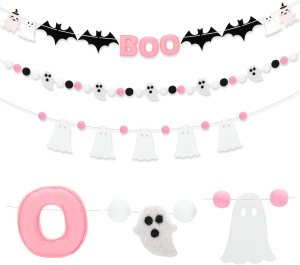 A festive Halloween decoration featuring a variety of garlands, including pink letters spelling 'BOO', white ghosts, and black bats, perfect for creating a spooky atmosphere.