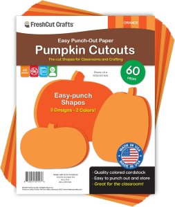 Pack of easy punch-out paper pumpkin cutouts in orange, featuring three designs and two colors, with a total of 60 pieces, suitable for classrooms and crafting.