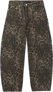 A pair of brown leopard print jeans with a high waist and relaxed fit.