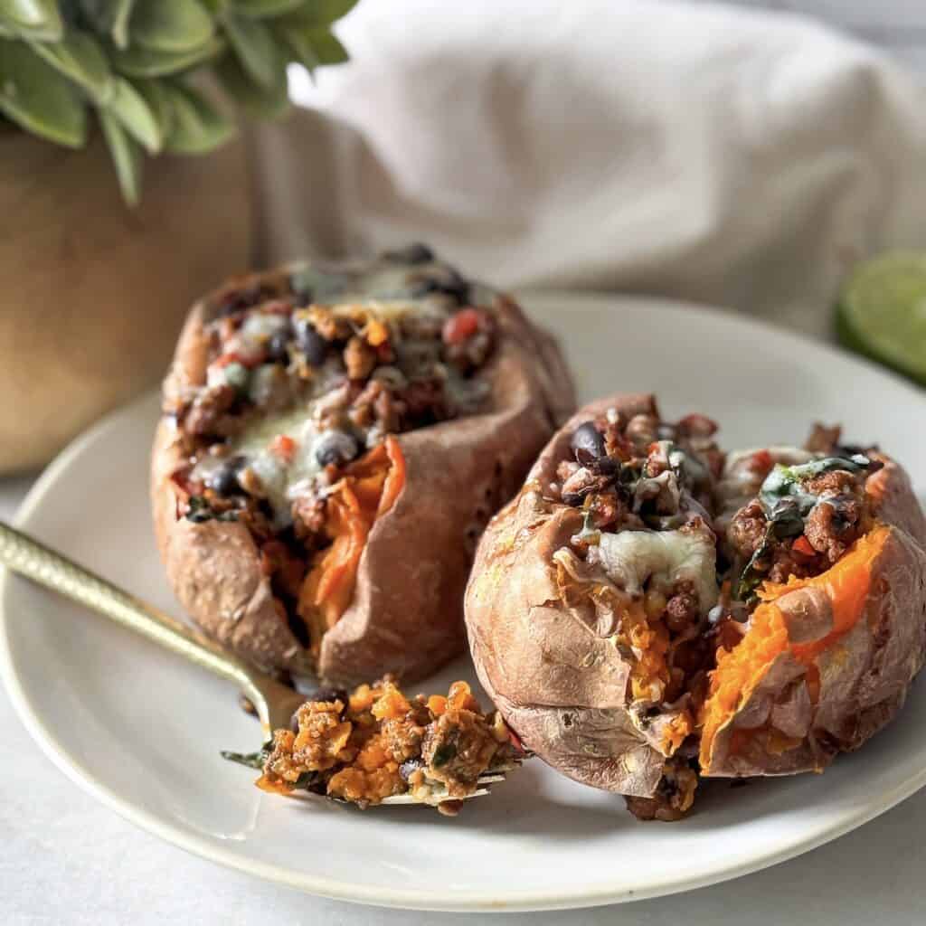 healthy stuffed sweet potatoes with turkey taco filling dinner