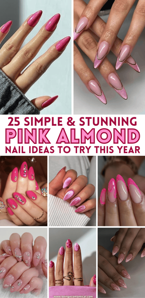 Collage of pink almond-shaped nails showcasing various designs and styles, featuring shiny finishes, glitter accents, and creative nail art.